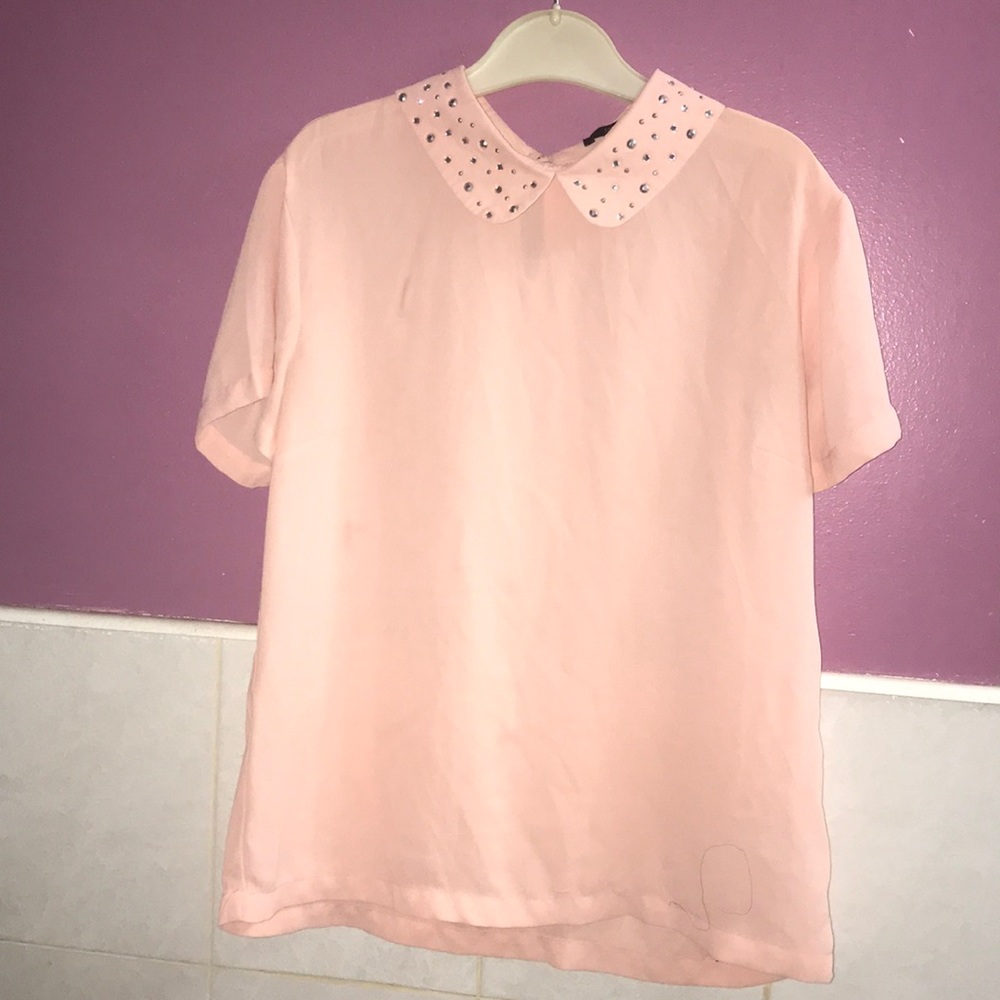 pink chiffon top with studded Peter Pan collar